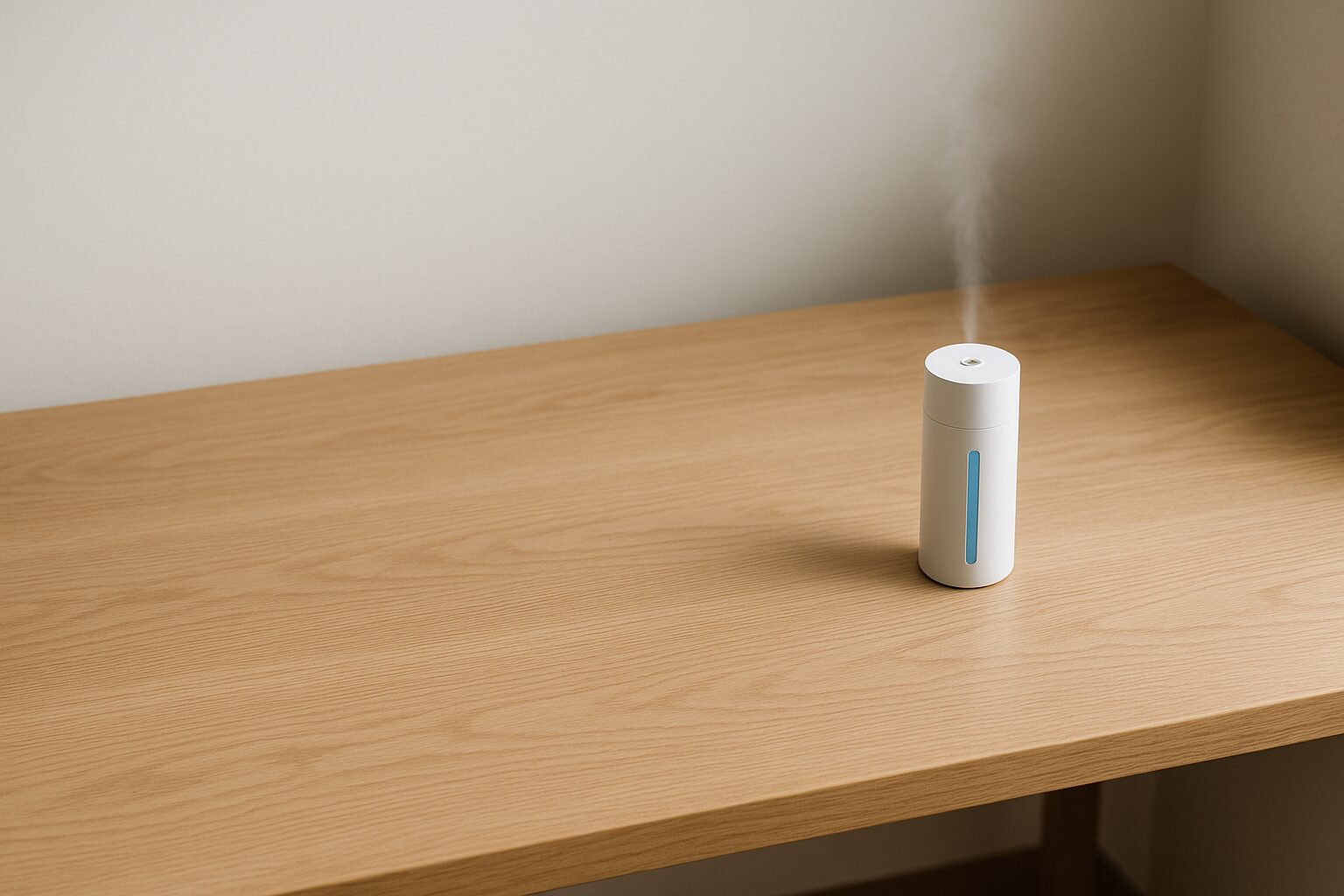 デスクの右端に弱いミストを出す小さな加湿ポイントが置かれた静かな作業風景