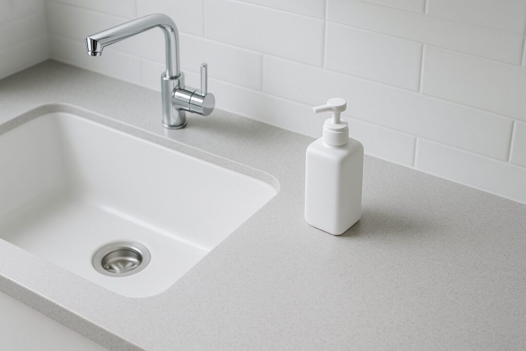 シンクまわりの静かな俯瞰イメージ（洗剤ボトルを置く場所を示す構図）