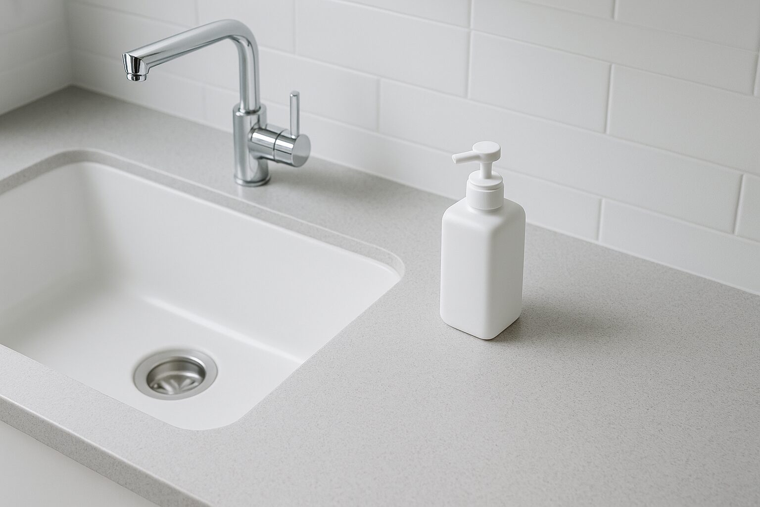 シンクまわりの静かな俯瞰イメージ（洗剤ボトルを置く場所を示す構図）