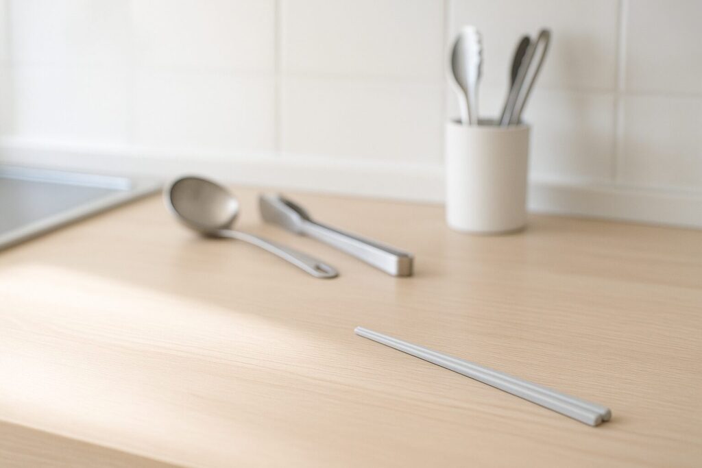 キッチン天板に置かれた菜箸の高さを示す抽象的な手元イメージ