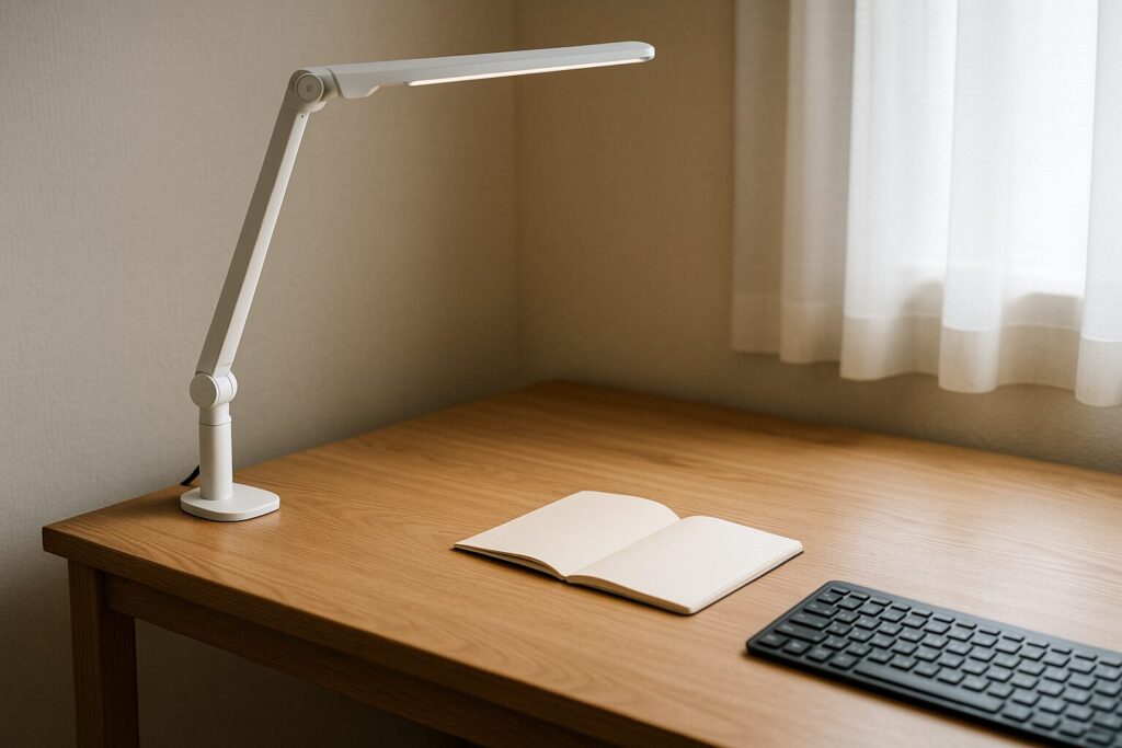 淡い自然光が入る静かなデスク空間に、可動式デスクライトが高めの位置で立っている様子