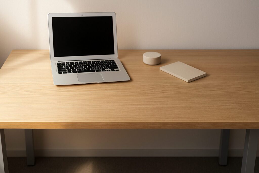 木目デスクを俯瞰で捉え、光の段差で足元の冷気のたまりやすさを表現したアイキャッチ画像