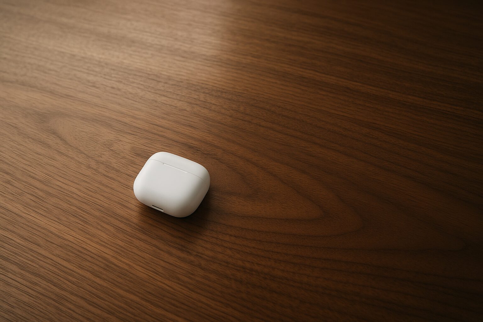 ワイヤレス機器がデスク手前に置かれた静かな俯瞰シーン