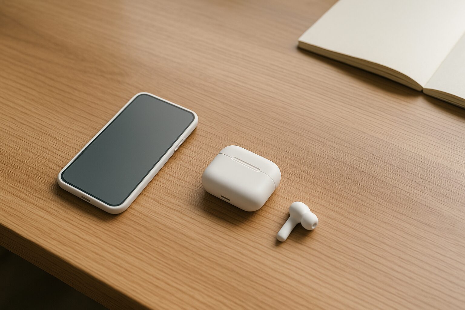 手前に浅い帯がある木目デスクを軽く俯瞰した構図。スマホ形の抽象小物が見やすい位置に並び、静かな作業空間が伝わる。