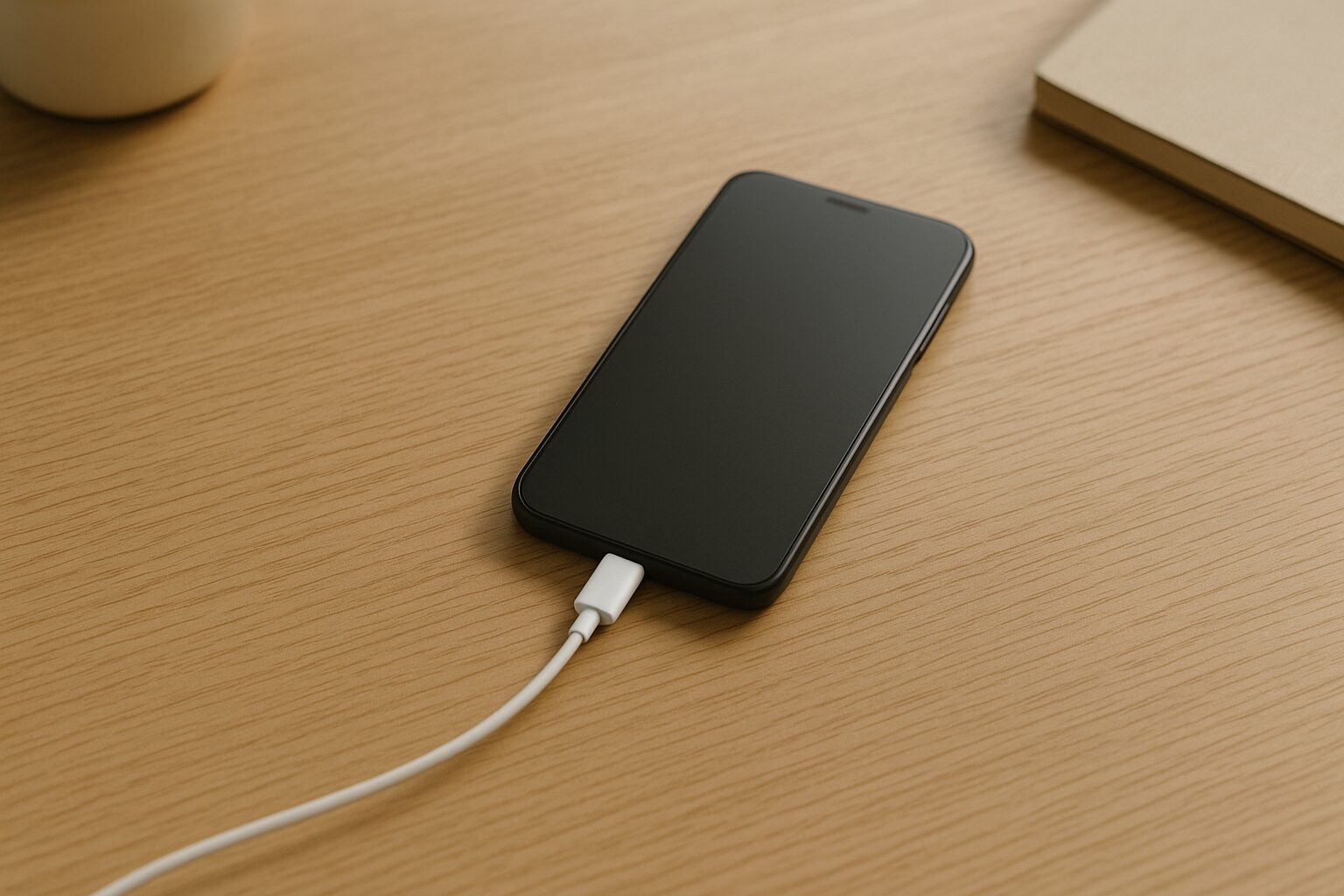 木目デスク上にスマホ形ガジェットと細い充電ケーブルが置かれた静かな俯瞰シーン