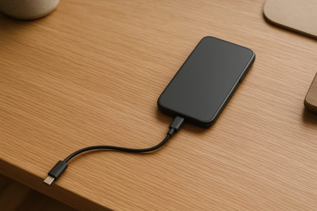 ケーブル先端の向きがずれてガジェットに差し込みにくい様子を俯瞰で写したシーン