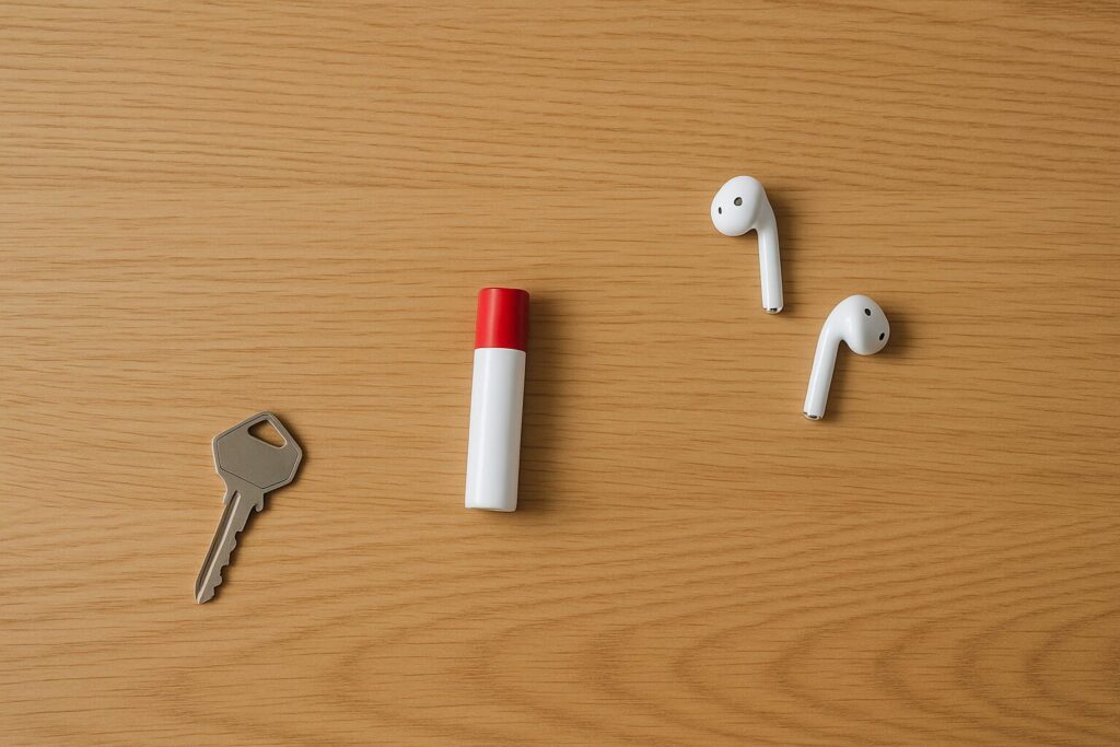 鍵・リップ・イヤホンが手前・中央・奥にバラバラに分散して置かれ、戻す時に迷いが生まれやすい軽い乱れを写した俯瞰写真。