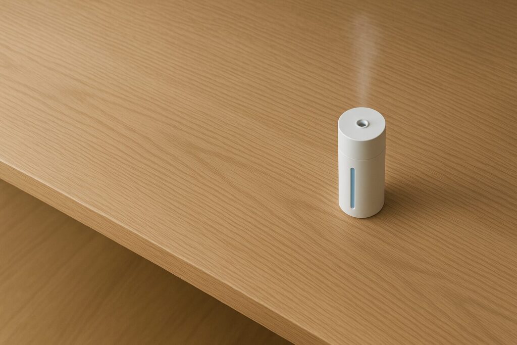 デスクの端に置かれた小さな加湿ポイントから弱いミストが手元へ流れる様子