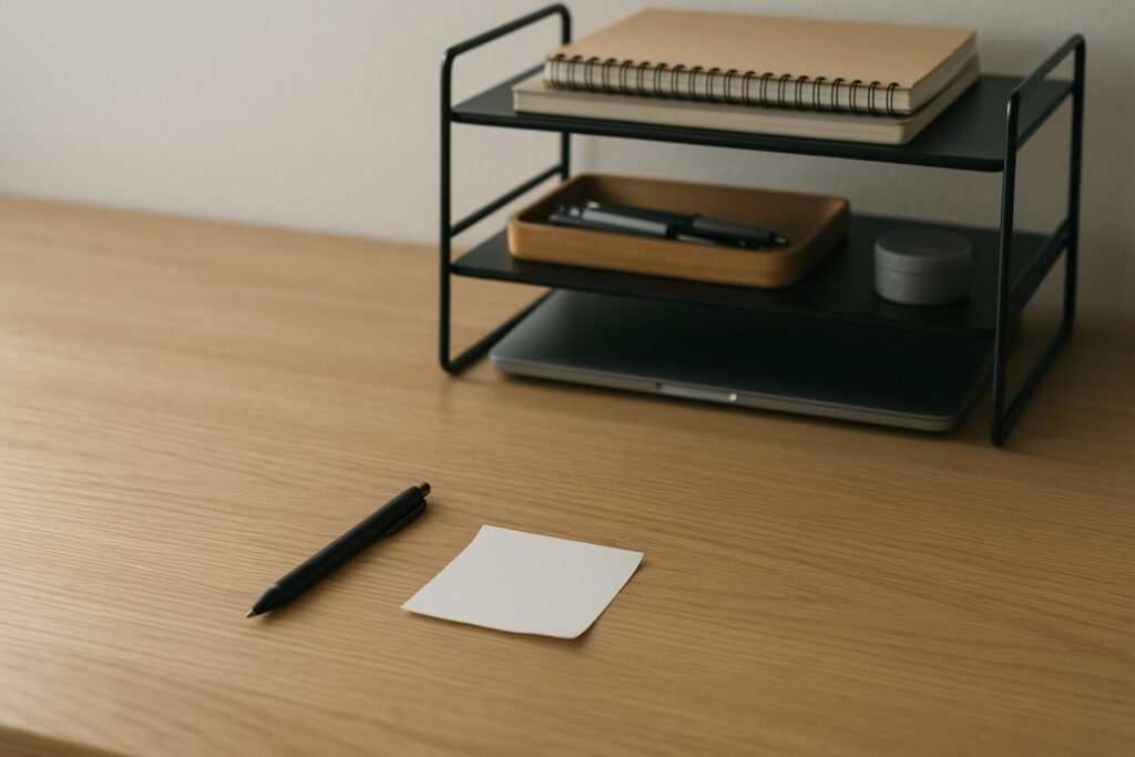木目デスクを斜め上から撮影した構図で、段差ラックの上下に頻度別の小物が分かれて置かれ、手前にペンとメモが並ぶ様子。