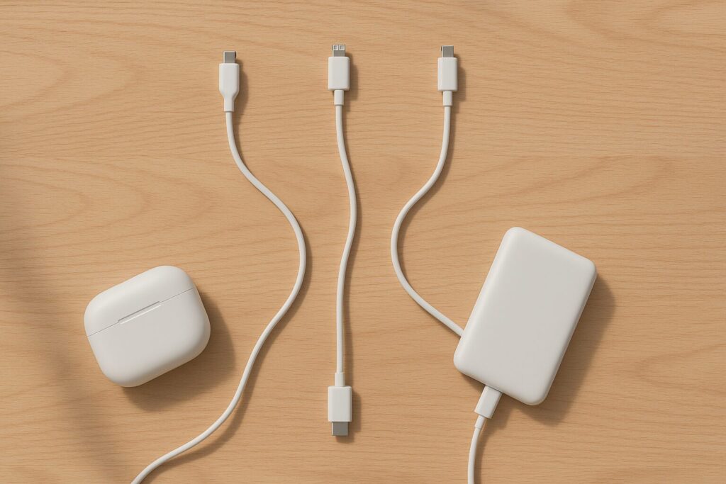 ケーブルの先端がそれぞれ違う方向を向き、視線が迷いやすい状態を真上の俯瞰でとらえた机上の様子。