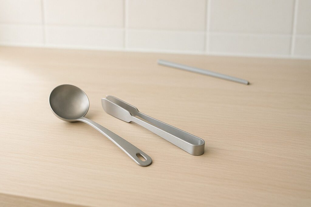 菜箸だけ高さがずれて置かれ、見つけにくい様子を示すキッチン天板の俯瞰イメージ