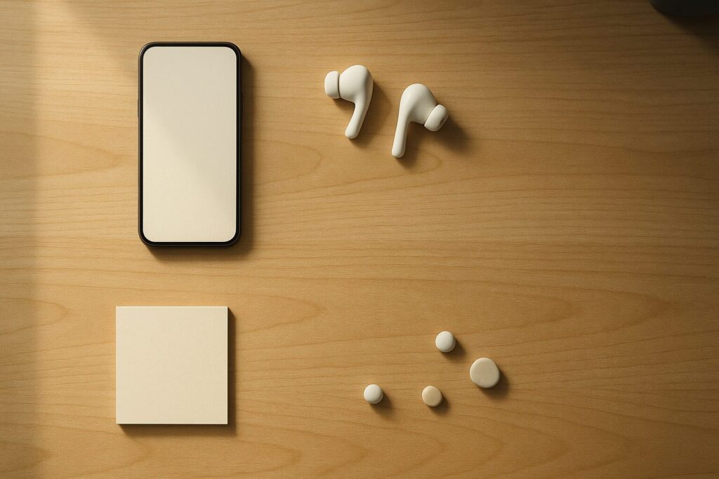 木目デスクを真上に近い俯瞰で撮影し、奥側に置かれた小型デバイスが影に溶けて見えにくい様子がわかる構図。