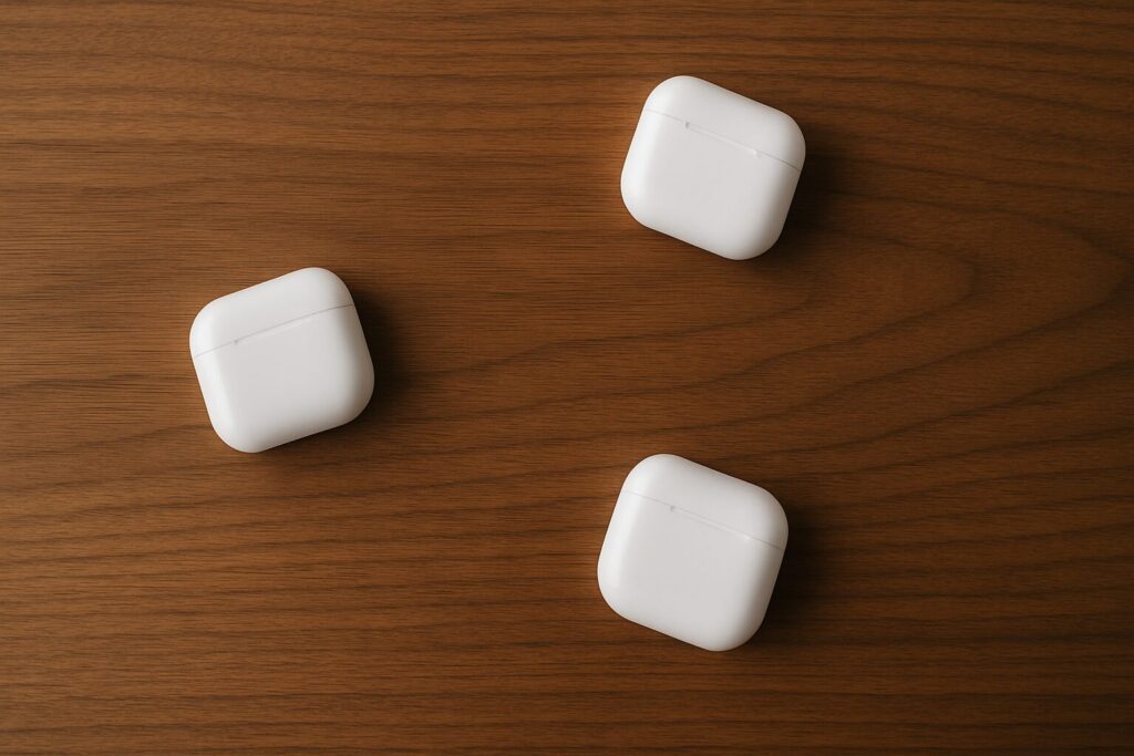 ワイヤレス機器が手前と奥にバラバラに置かれて散らかる様子の俯瞰写真