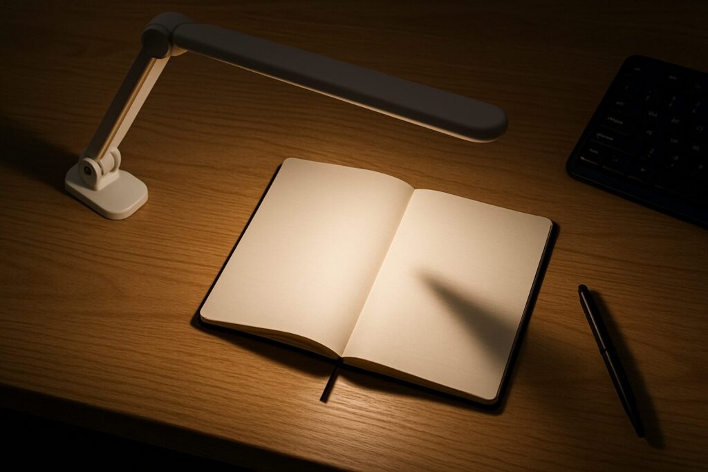 光源が低いデスクライトのせいでノートに濃い影が落ちている不便な手元の様子