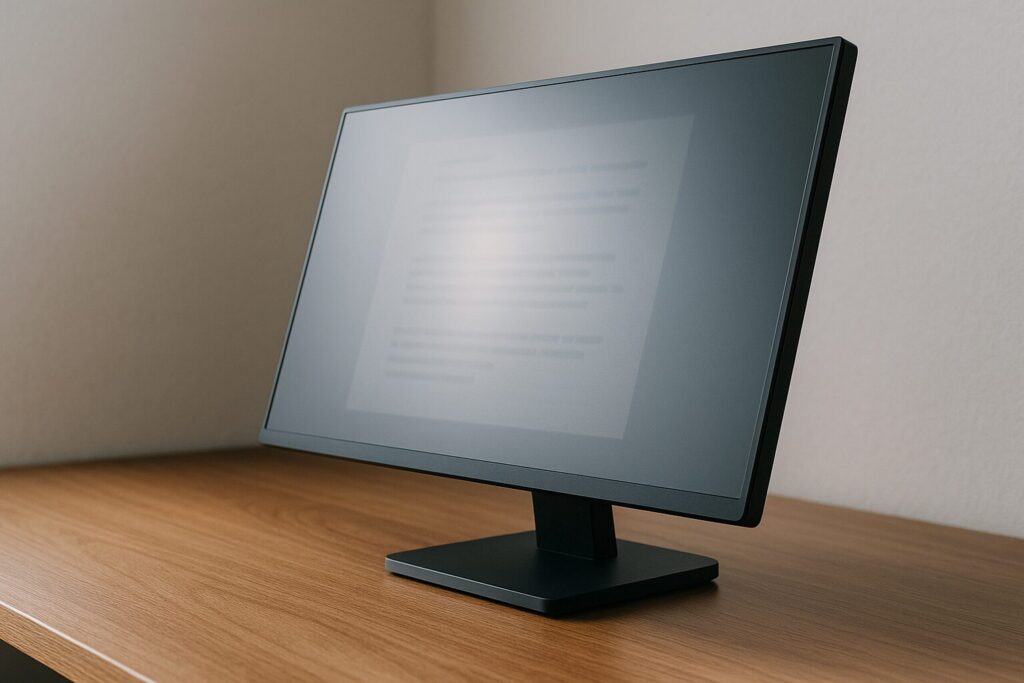 モニターをわずかに前へ倒して角度調整し、反射が軽くなった様子が横から分かる木目デスクのシーン