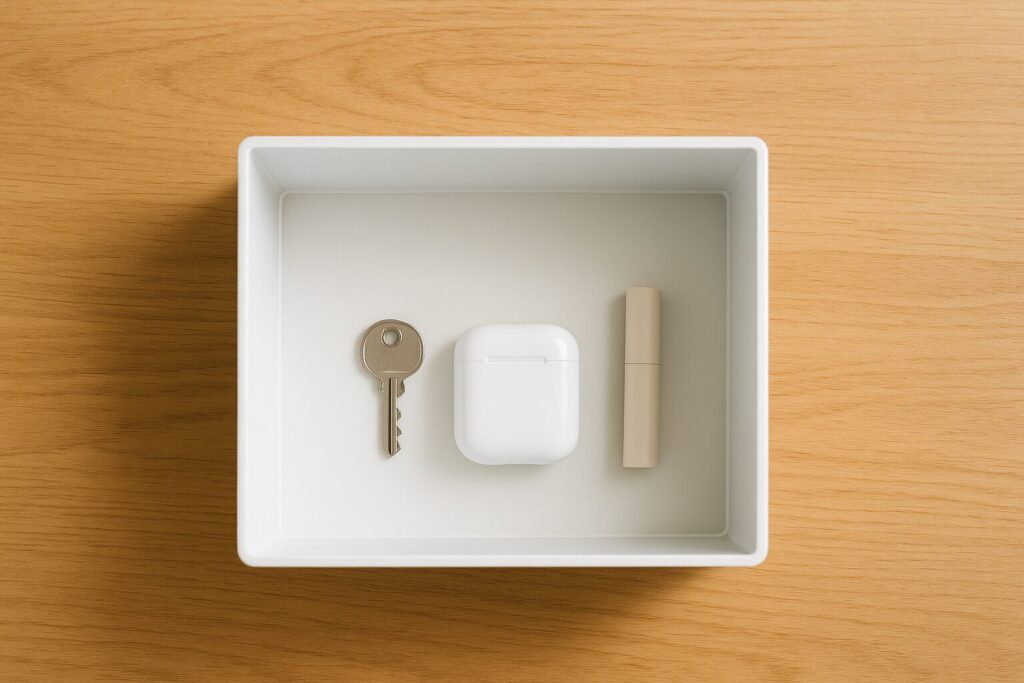 木目デスクを真上から撮影し、深い小物ボックスの底に鍵・イヤホン・リップが沈んでいる様子。戻す高さが合わず手の動きが止まりやすい場面。