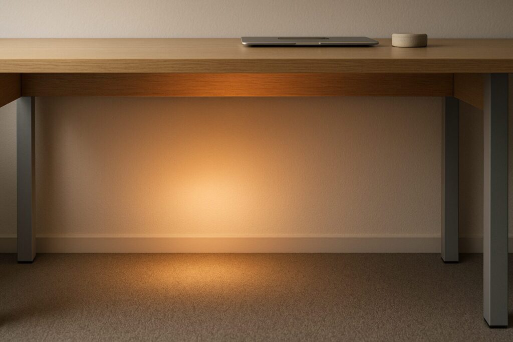 机の裏側に薄く暖かい光が広がり、足元の冷えをやさしく和らげる雰囲気を示す挿入画像