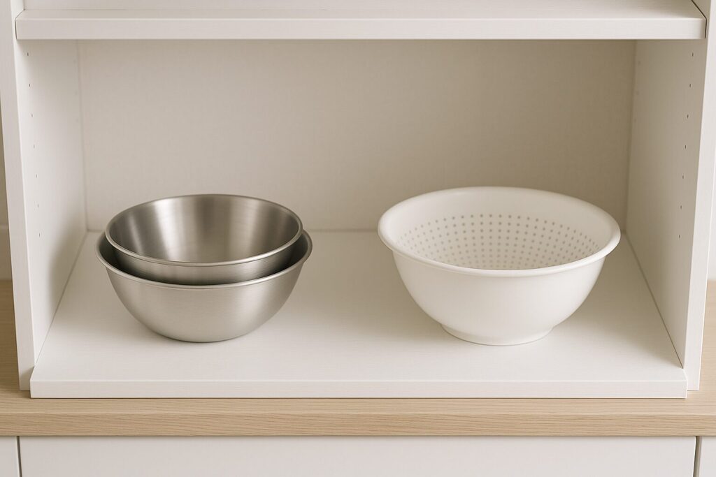 キッチン棚にボウルとザルが静かに並ぶ実写風シーン（使用頻度順の前後が自然に伝わる）