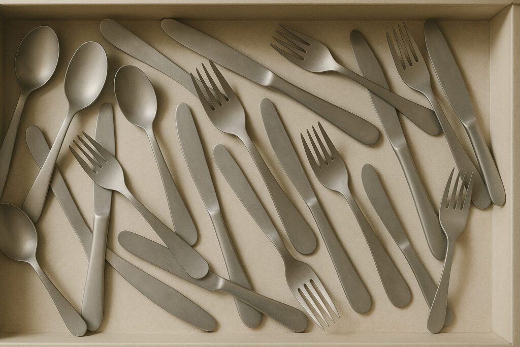 仕切りがなくカトラリーが混ざって見える引き出しの俯瞰写真