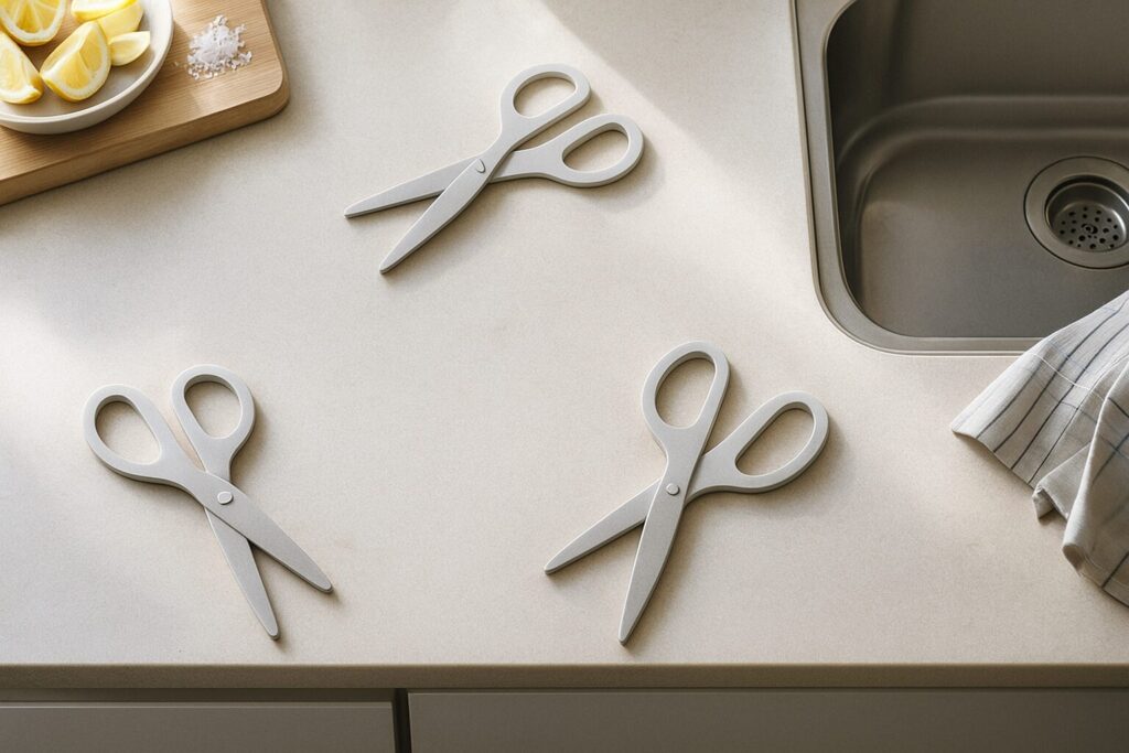 キッチンばさみの置き場所が揺れて迷子になりやすい場面を表した俯瞰イメージ