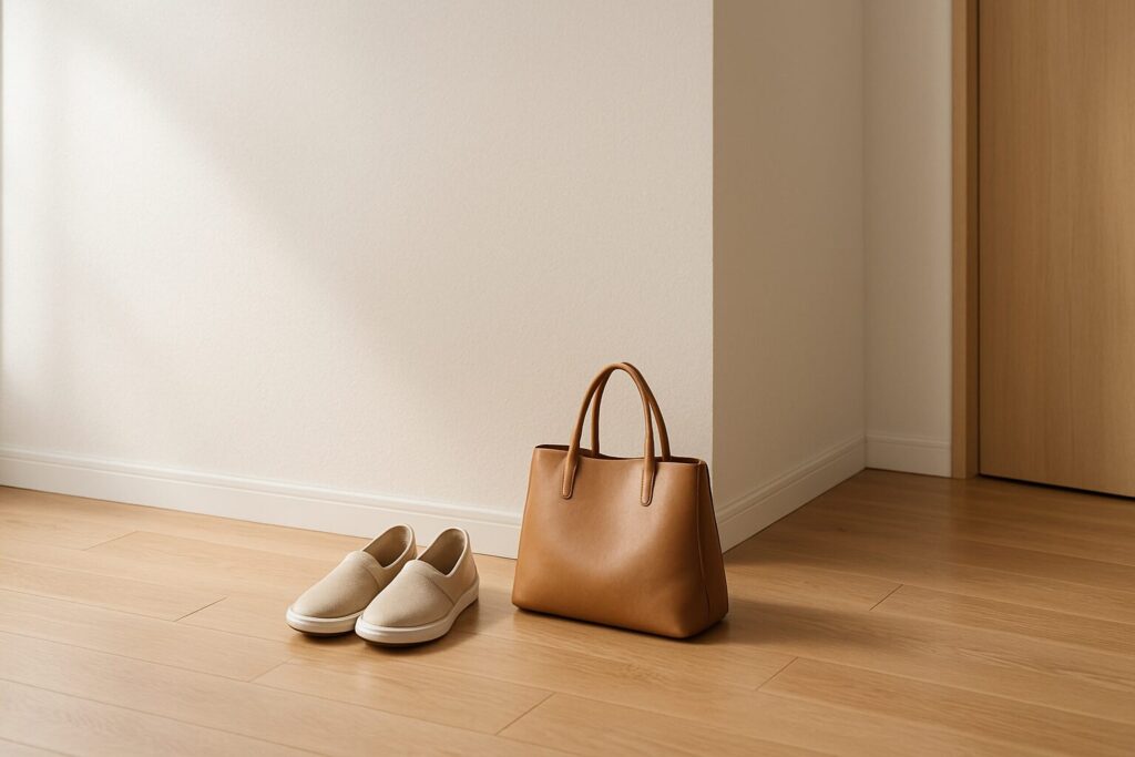 玄関の静かな朝、靴とバッグが軽く置かれた生活導線のイメージ
