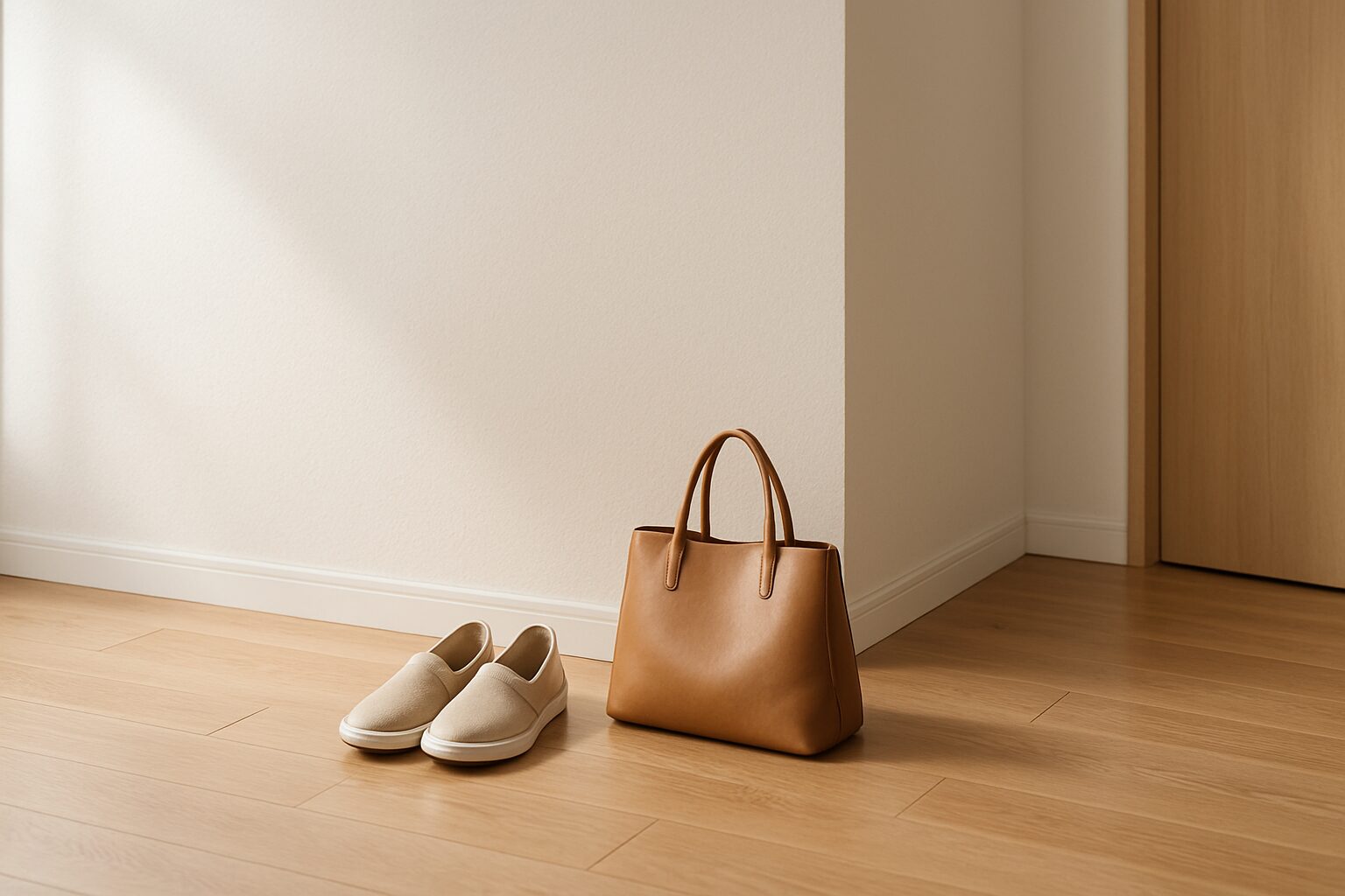 玄関の静かな朝、靴とバッグが軽く置かれた生活導線のイメージ