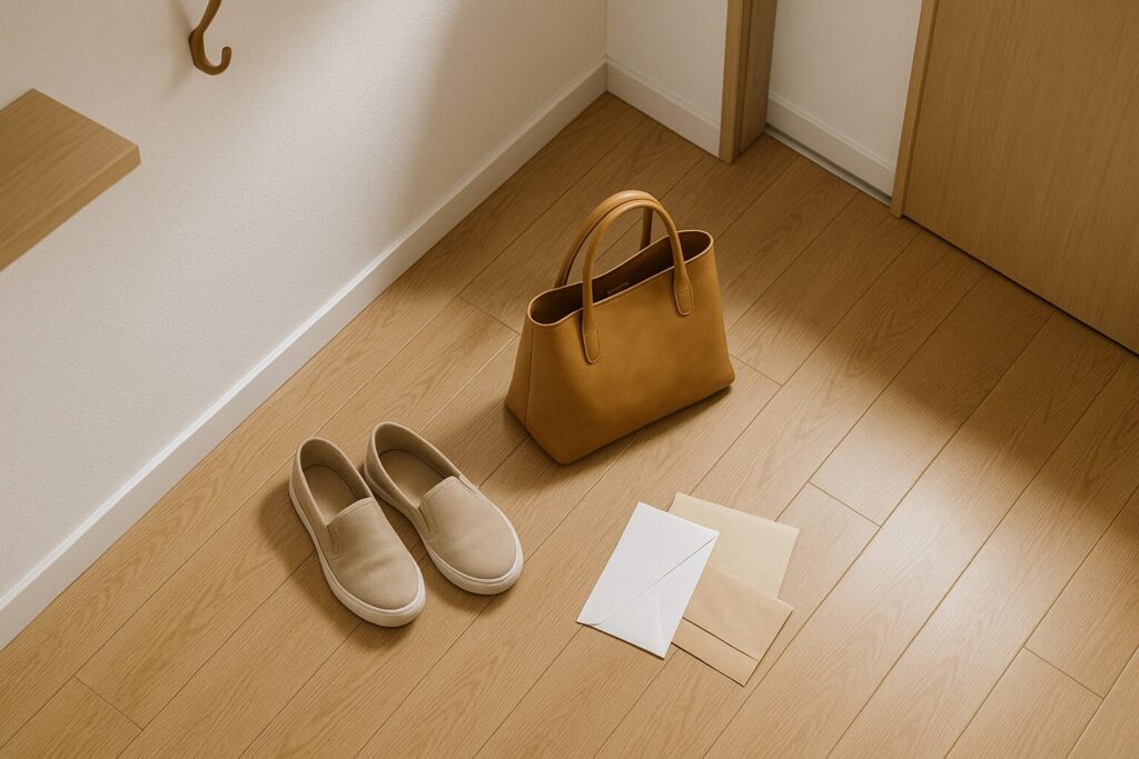 玄関の一時置きで動線が滞る場面、靴とバッグが分散した俯瞰写真