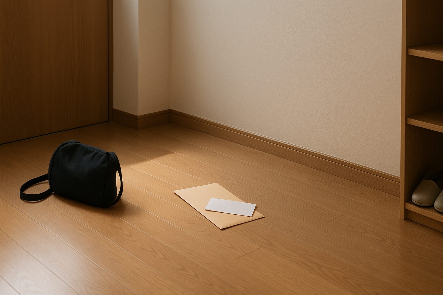 玄関に散らばるバッグや郵便物の俯瞰写真、自然光で静かな生活感を表現