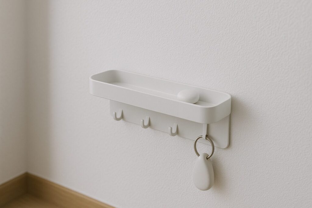 玄関の壁面に沿って浅い小物トレイとフックを“腰より少し上”に設置したイメージ画像