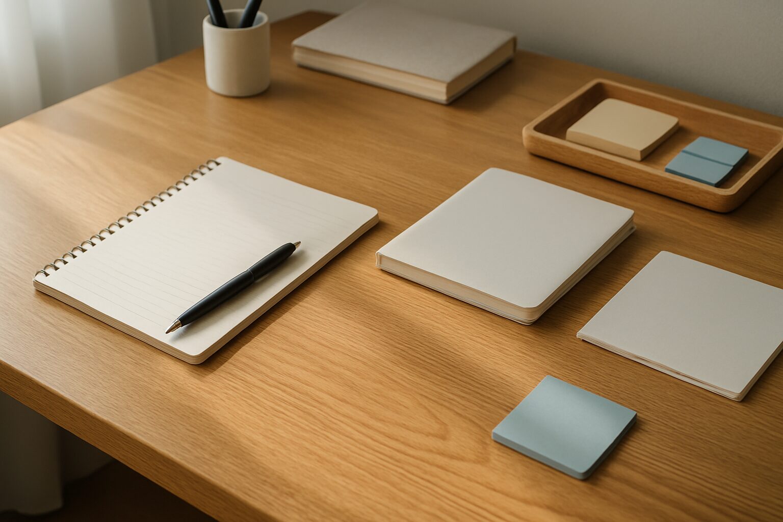 手元が明るく整った木目デスクの俯瞰シーン