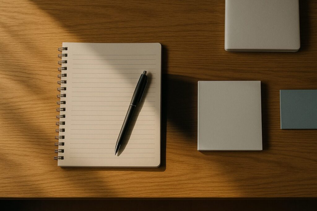 手元に影が強く落ちてノートが見えにくいデスクの俯瞰シーン