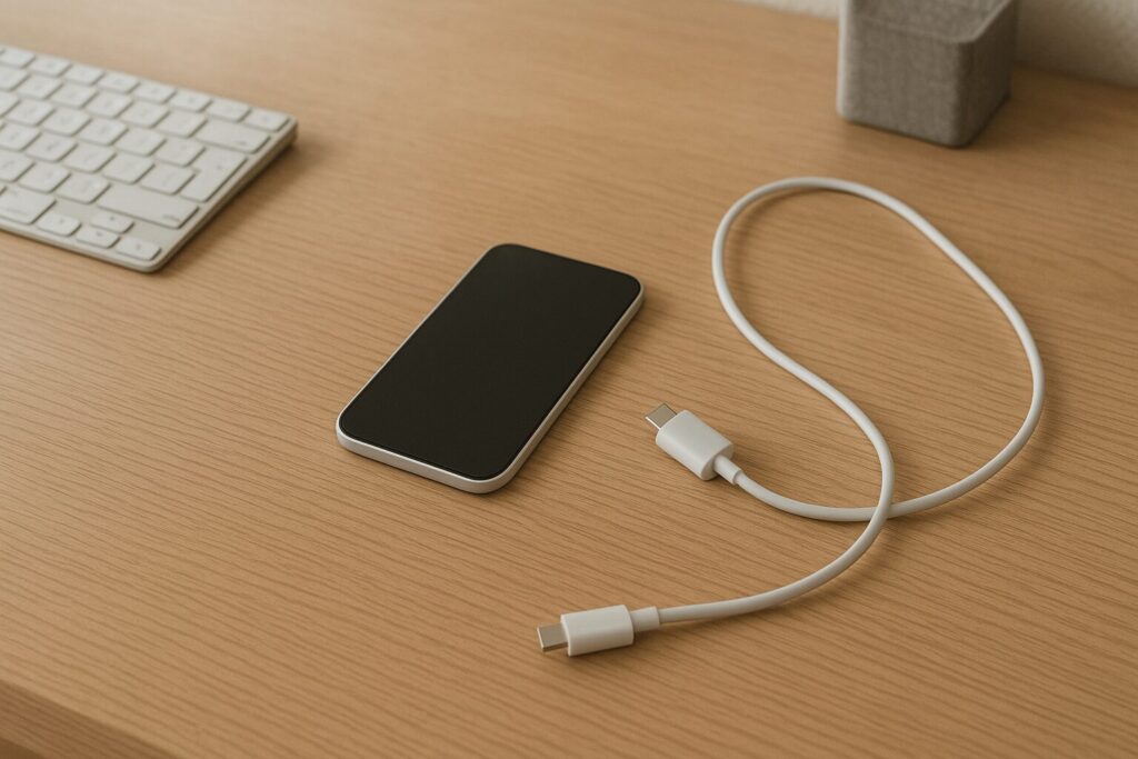 木目デスクの手前側でスマホ形の板とケーブル先端がバラついた位置に置かれている俯瞰写真