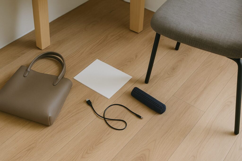 イスの前の床にバッグや資料、ケーブルが自然に散らばっている様子