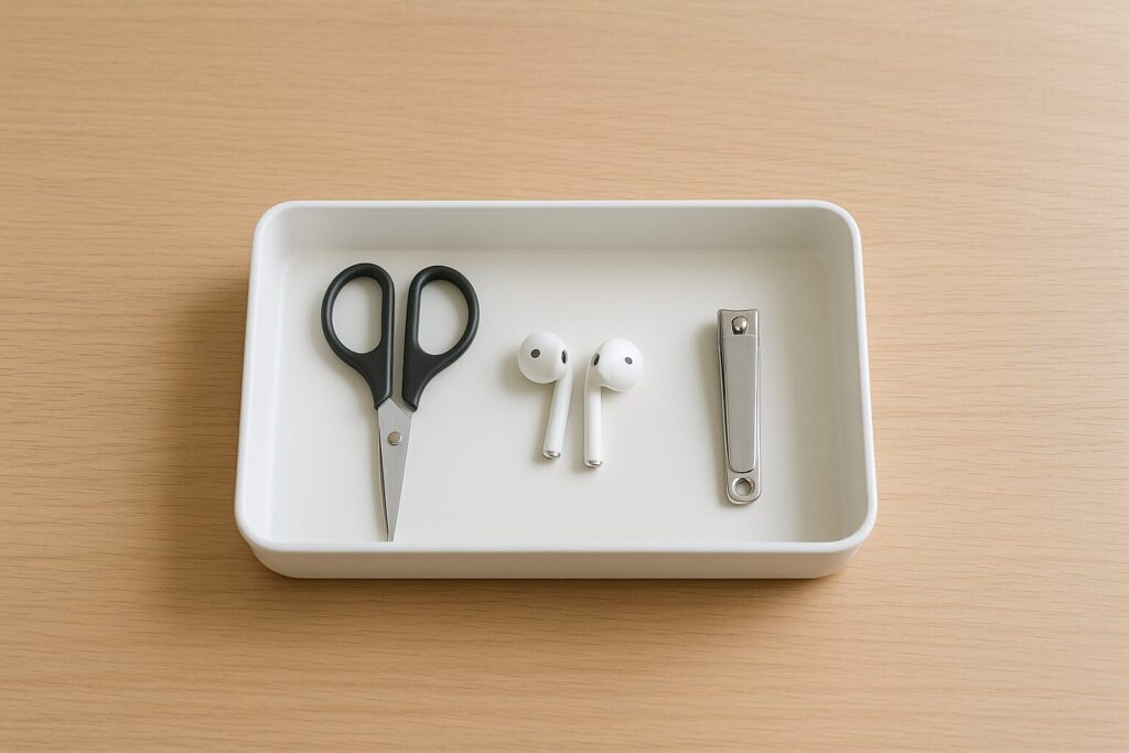 白い浅型トレーにハサミ・ワイヤレスイヤホン・爪切りが並び、手前で一動作で戻せる“ひと区画”をつくったデスク上の俯瞰構図。