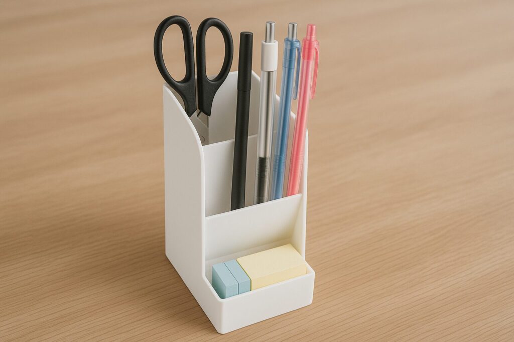 縦型3段ペンスタンドに文具が高さごとに収まっている実写風の俯瞰構図