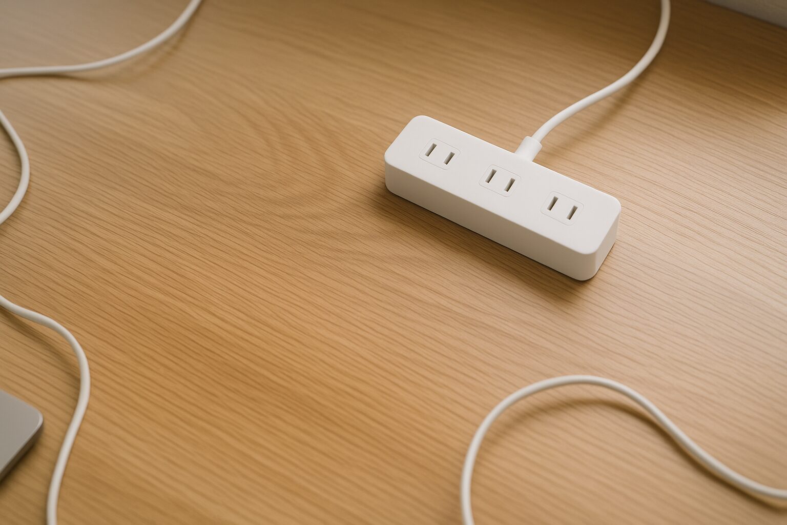 木目デスクと電源タップまわりを静かに写した俯瞰シーン（アイキャッチ）