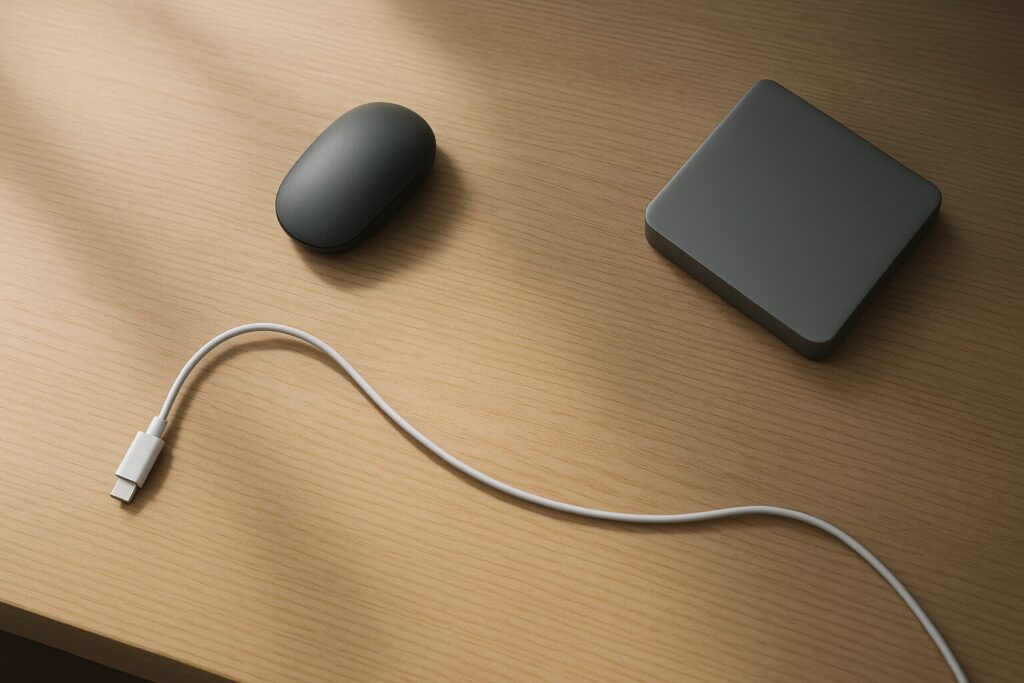 木目デスクをやさしく俯瞰した静かな作業空間のイメージ