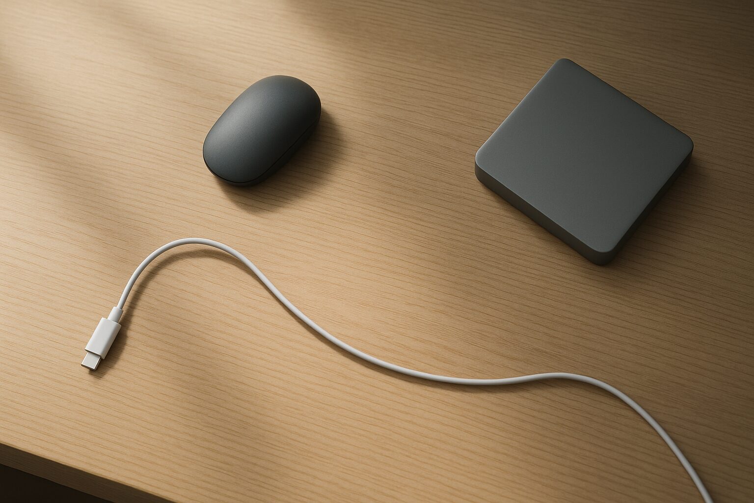 木目デスクをやさしく俯瞰した静かな作業空間のイメージ