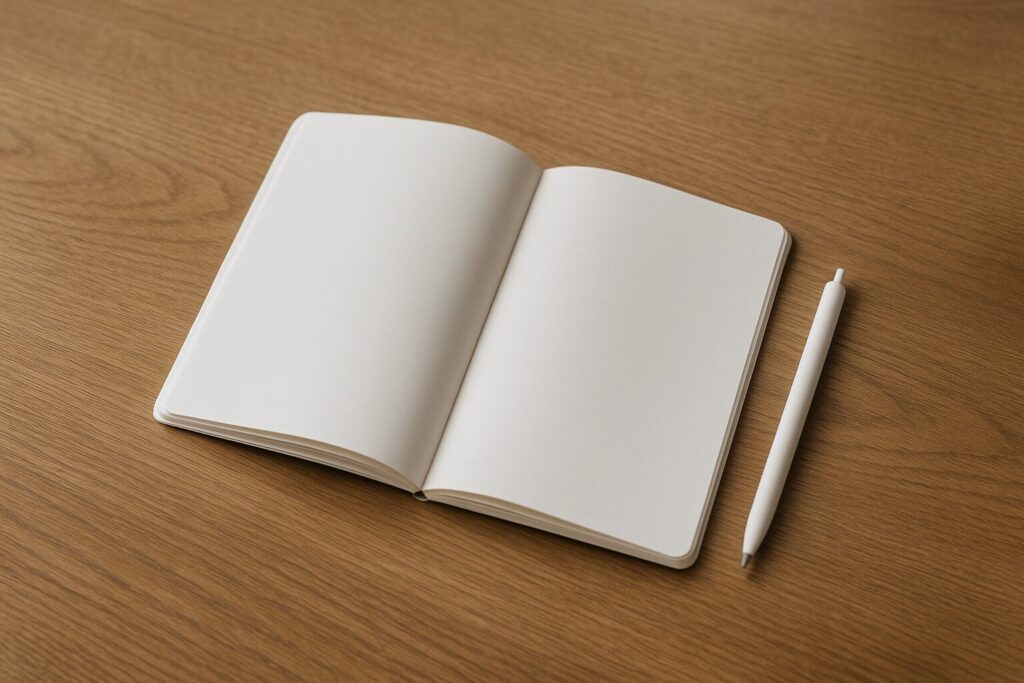 木目デスクを軽い俯瞰で撮影した、ノートが自然に開いた静かな作業シーンのアイキャッチ画像