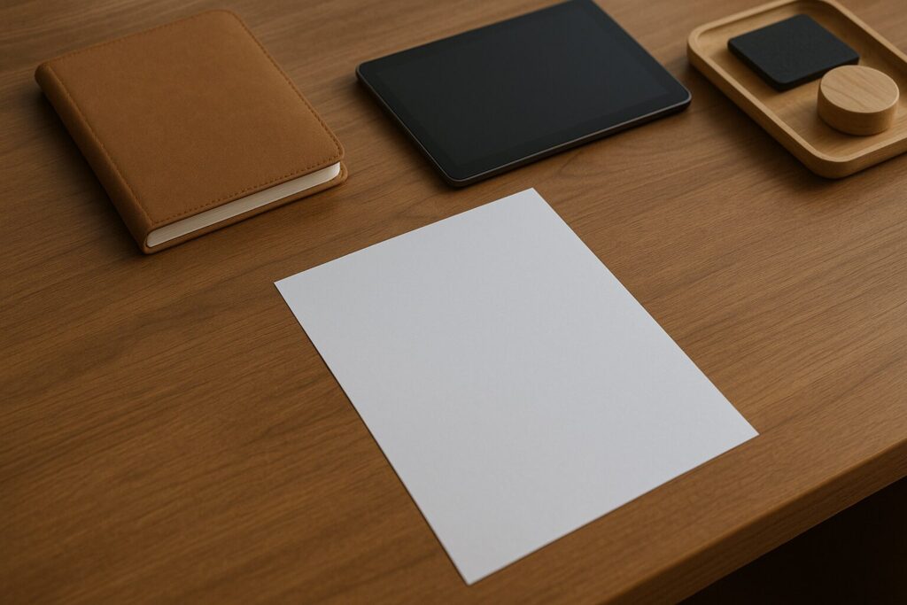 木目デスクの上で紙と周辺小物の高さ差が分かる俯瞰イメージ