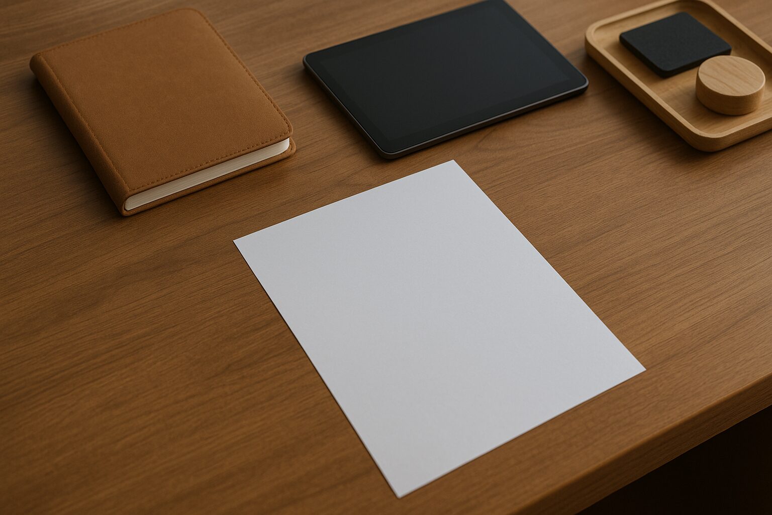 木目デスクの上で紙と周辺小物の高さ差が分かる俯瞰イメージ
