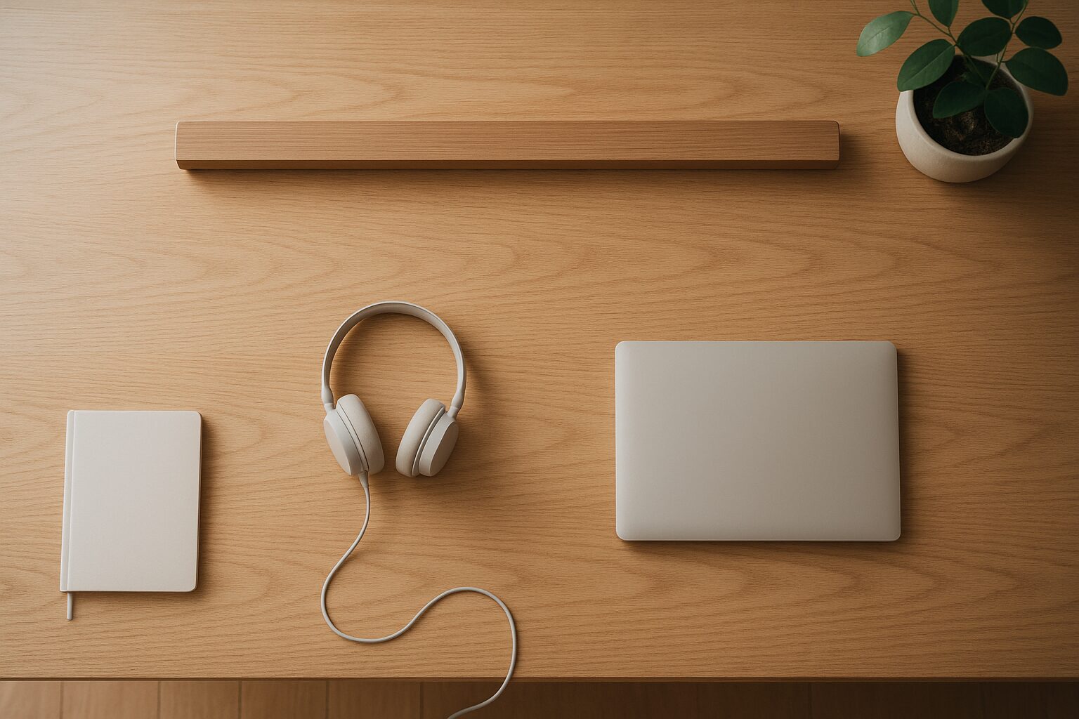 机の奥に基準線となる棚を置いた静かなデスク俯瞰シーン