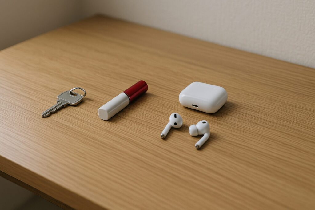 木目デスクの上に鍵・リップ・イヤホンが離れて置かれ、置き場所の揺れが自然に伝わる俯瞰シーン。