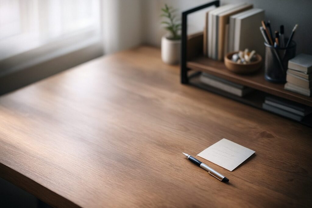 木目デスクを軽く俯瞰した構図で、手前にペンとメモが置かれ、奥に段差ラックがぼんやり写る静かな作業風景。