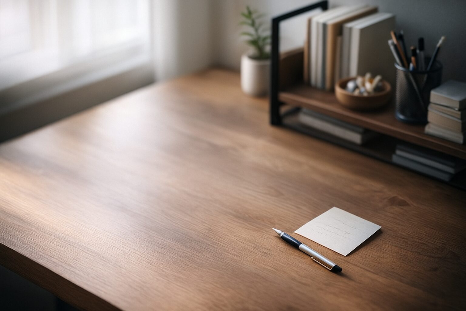 木目デスクを軽く俯瞰した構図で、手前にペンとメモが置かれ、奥に段差ラックがぼんやり写る静かな作業風景。
