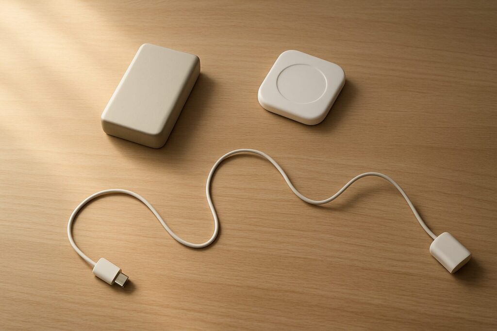 木目デスクをやさしく俯瞰した静かな作業空間。抽象的なガジェットと細いケーブルが自然光の中にそっと置かれている様子。