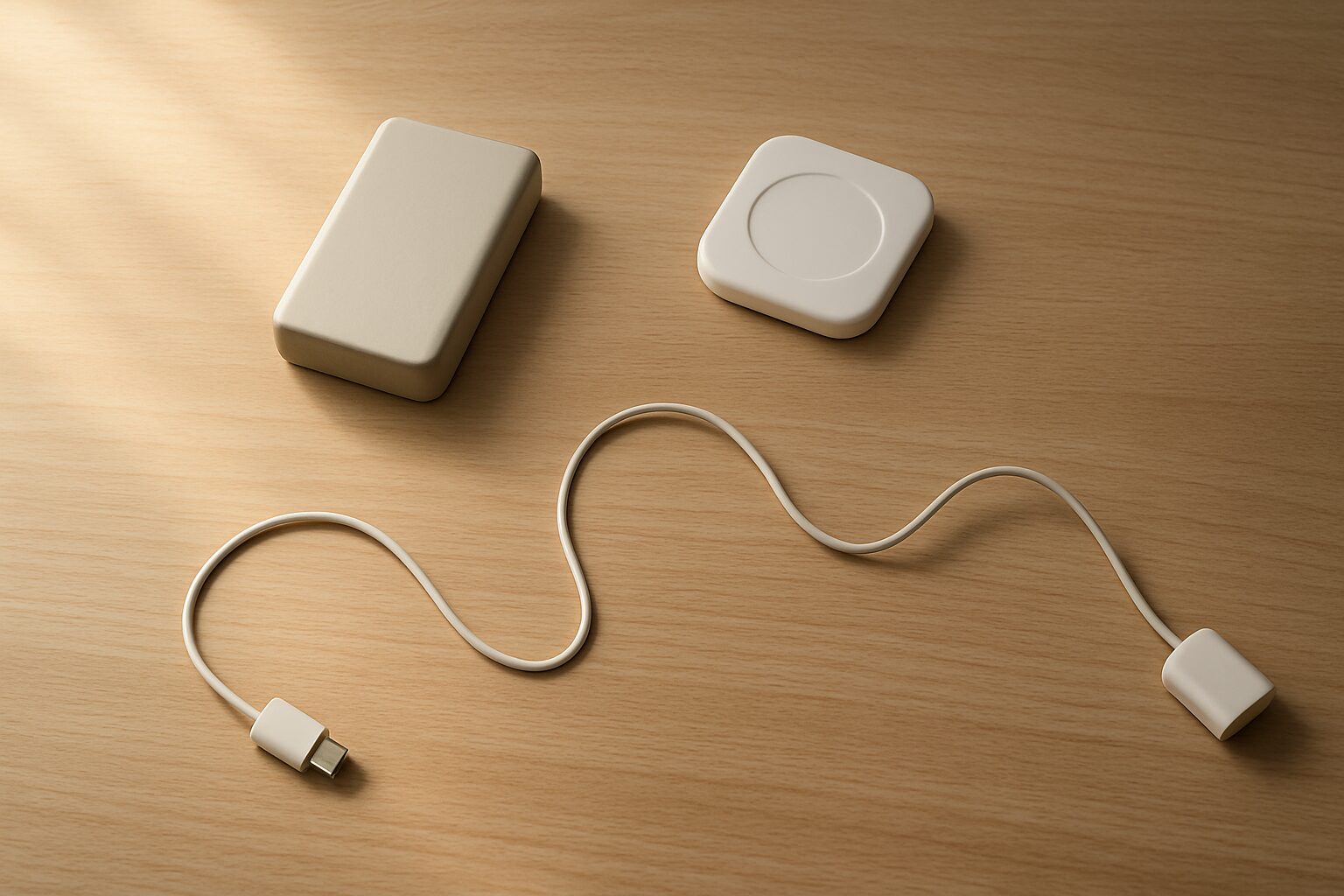 木目デスクをやさしく俯瞰した静かな作業空間。抽象的なガジェットと細いケーブルが自然光の中にそっと置かれている様子。