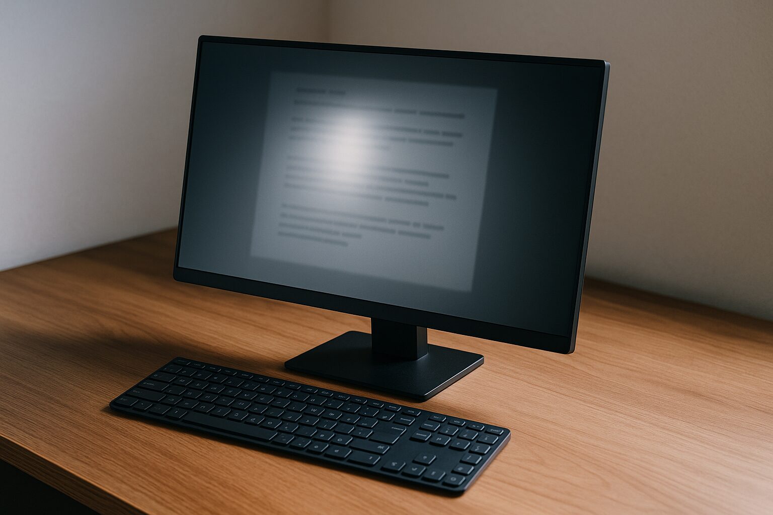 窓の光が画面に薄く反射し、文字が見えにくい状態のモニターを木目デスク上で軽く俯瞰した様子