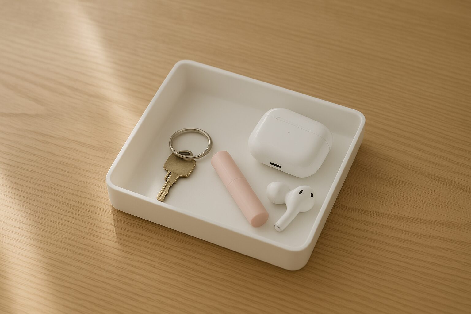 木目デスクを軽く俯瞰し、手前に浅い小物トレーが置かれている静かな日常シーン。鍵やイヤホンなどがやさしく収まっている様子。