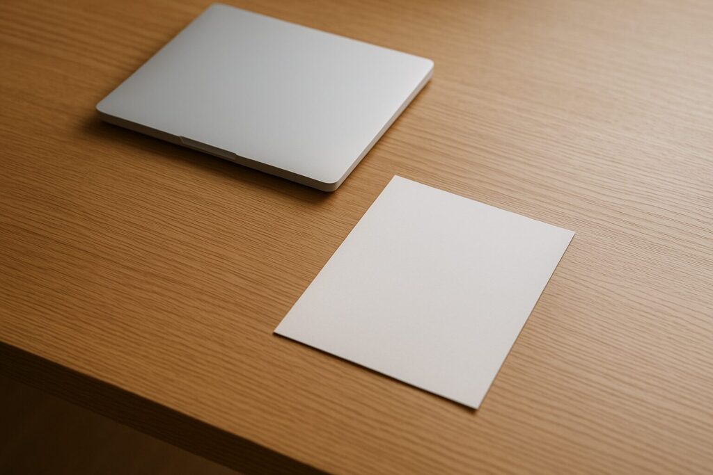 資料を置く前の静かなデスクを俯瞰したアイキャッチ画像